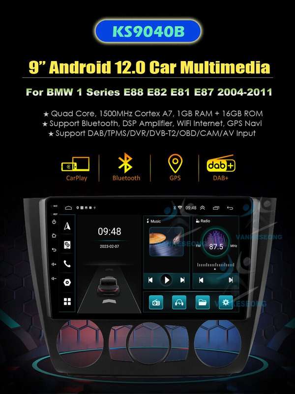 9" Android 12 Car Stereo DAB+ Radio GPS Sat Nav Bluetooth For BMW 1 E81 E82 E88