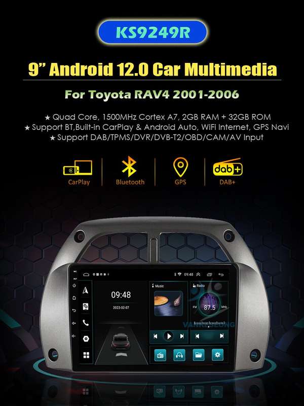 OBD+ 9" Autoradio GPS Navigation CarPlay Android Auto for TOYOTA RAV4 2001-2006