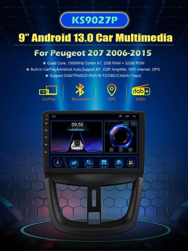 For Peugeot 207 CC 2006-2015 CarPlay Android Autoradio GPS DAB+ SatNav Bluetooth