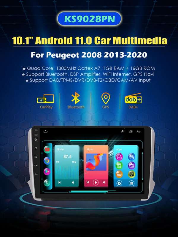 10.1" Android 12 GPS Sat Nav Head Unit DSP DAB+ Radio For Peugeot 2008 2013-2020