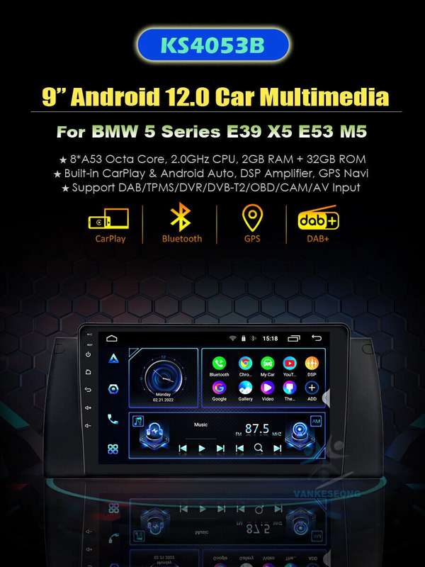 Android Auto For BMW 5 Ser E39 E53 X5 Wireless CarPlay Head Unit GPS Radio DAB+