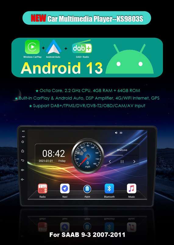 9" 8-Kern 64GB BT Android Auto CarPlay For SAAB 9-3 2007-2011 GPS DAB+ Autoradio