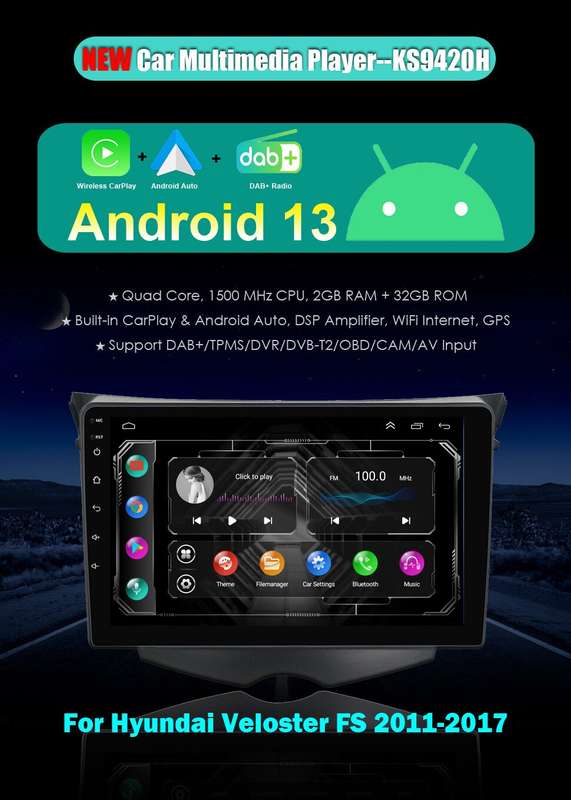 For Hyundai Veloster FS 2011-2017 DAB+ Android Auto Radio GPS Navigation CarPlay