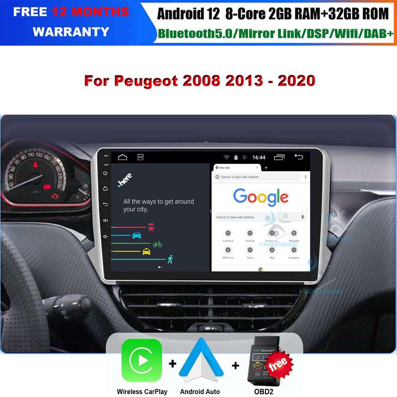 10.1" Android Autoradio GPS Navigation CarPlay DAB BT For Peugeot 2008 2013-2020