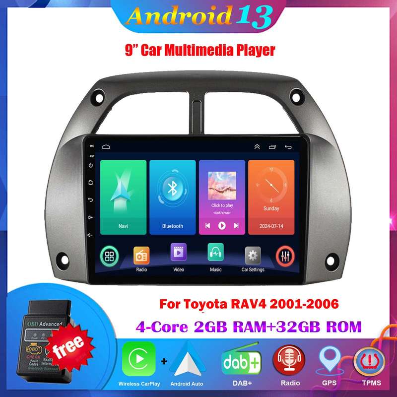 For Toyota RAV4 2001-2006 Touchscreen Autoradio GPS Navigation Android13 DAB+OBD