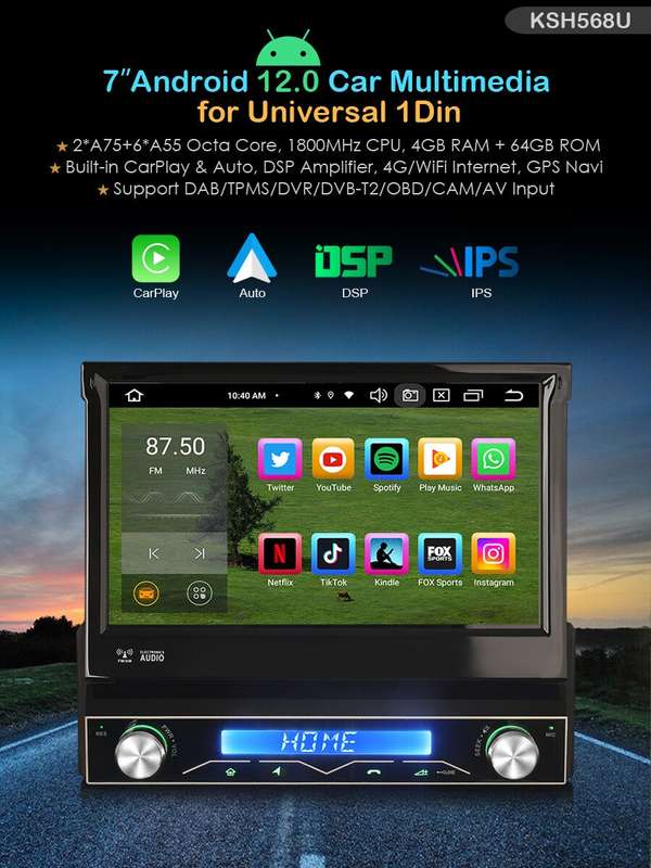 Touch Screen Single DIN Android 12 Head Unit GPS Sat Nav 4G CarPlay Radio 4+64GB