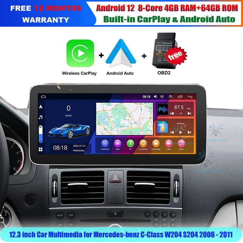 12.3" Android 12 Stereo Radio Head Unit For Mercedes C Class W204 S204 2006-2011