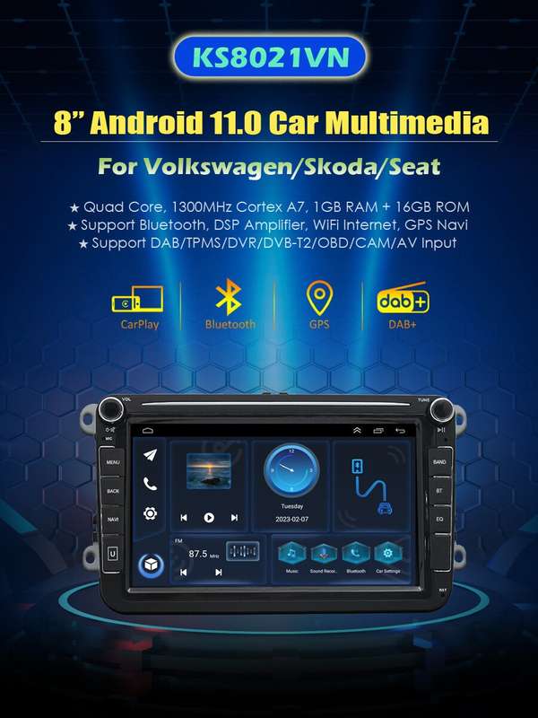 8" Android Car Multimedia Stereo FM Radio for VW Skoda Seat Bluetooth GPS SatNav
