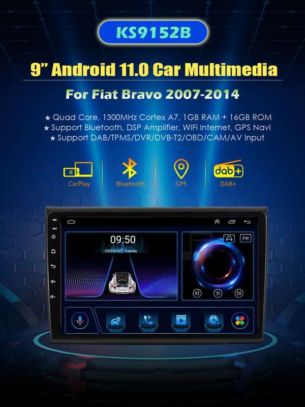 9"Android11 CarPlay HeadUnit DAB+Radio GPS SatNav For Fiat Bravo Brava 2007-2014
