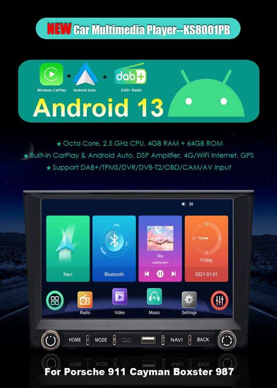 4+64GB CarPlay GPS Navigation Autoradio android13 For Porsche 911 Carrera Cayman