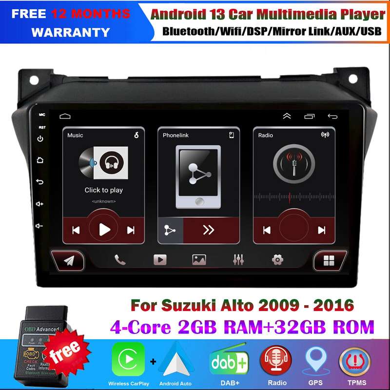 9" Android 13 Autoradio Sat Nav GPS Bluetooth CarPlay For Suzuki Alto 2009-2016