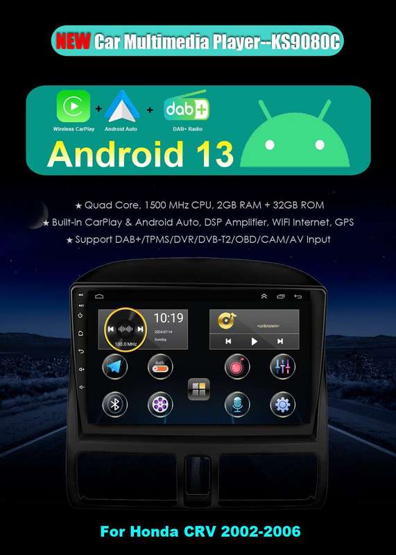 9" Android13 Touchscreen Autoradio GPS CarPlay Video For HONDA CRV 2002-2006+OBD