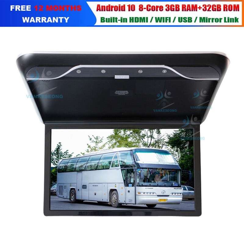19" 32GB Android Car Monitor Overhead Flip Down 12-35V 4K LED Car Ceiling Screen