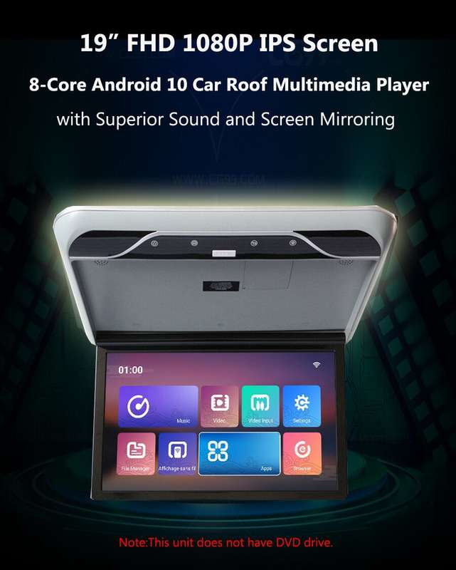 19" 32GB Android Car Monitor Overhead Flip Down 12-35V 4K LED Car Ceiling Screen