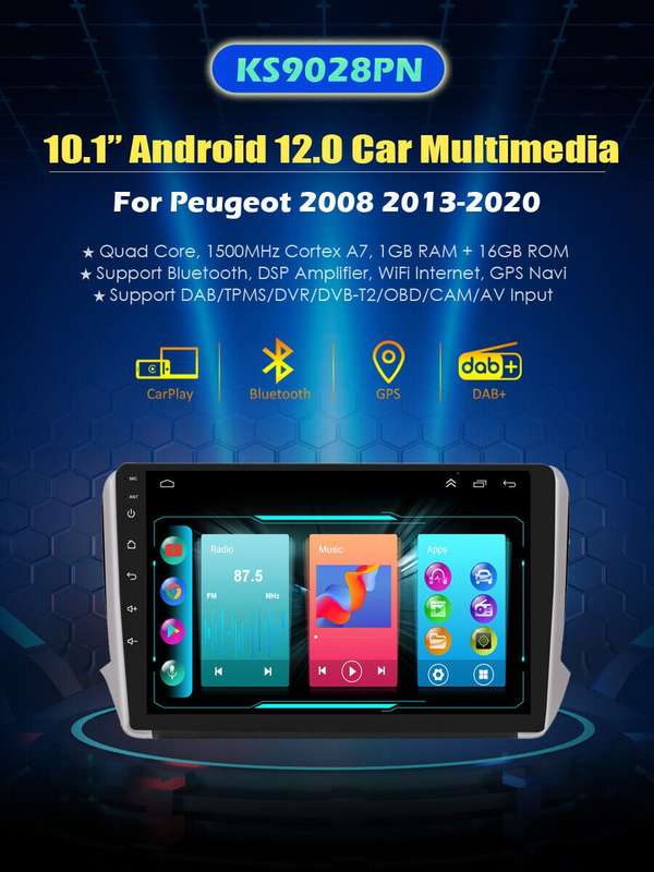 10.1" GPS Sat Nav For Peugeot 2008 2013-2020 Autoradio Android 12 Video bt DAB+