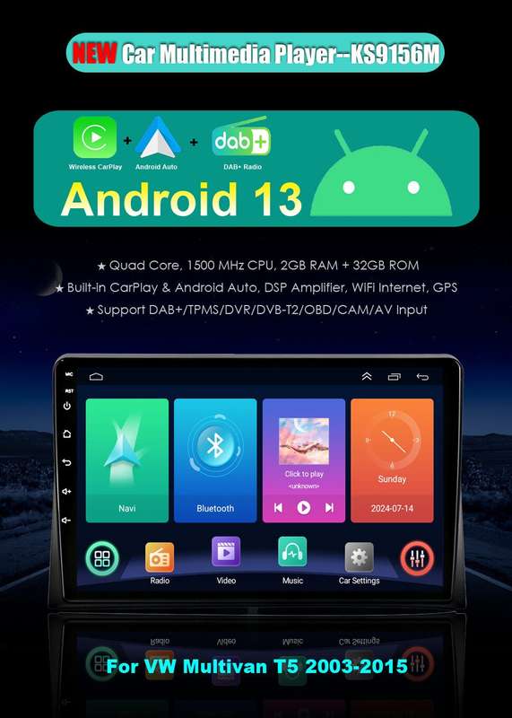 Android 13 CarPlay Autoradio GPS Sat Nav For Volkswagen Multivan V T5 BT DAB+OBD