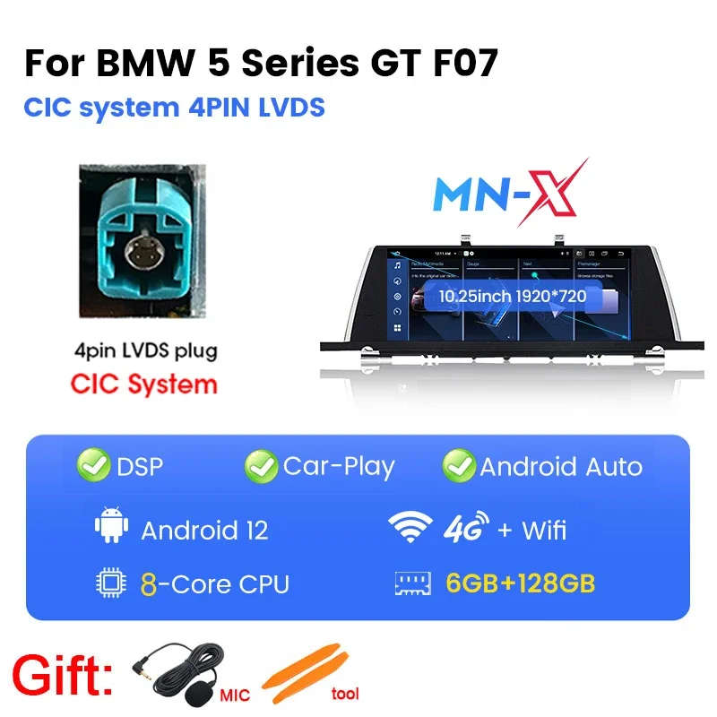10.25" Android 13 for BMW 5 Series GT F07 2009-2016 CIC NBT System CarPlay Wireless Auto Stereo R...