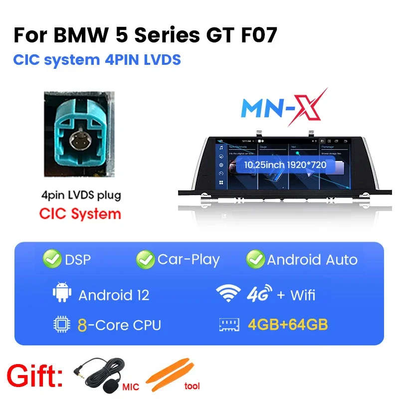 10.25" Android 13 for BMW 5 Series GT F07 2009-2016 CIC NBT System CarPlay Wireless Auto Stereo R...