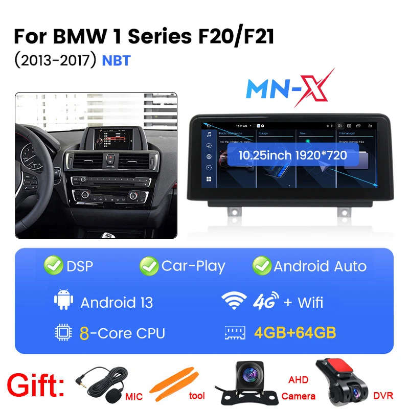 10.25" Android Wireless Carplay Multimedia Display Touch Screen for BMW 1/2/3/4 Series F20/F21/F2...