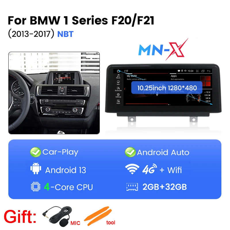 10.25" Android Wireless Carplay Multimedia Display Touch Screen for BMW 1/2/3/4 Series F20/F21/F2...