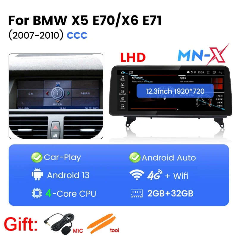 12.3Inch Wireless Carplay Car Radio Android for BMW X5 E70/X6 E71 CIC CCC System Display Screen M...