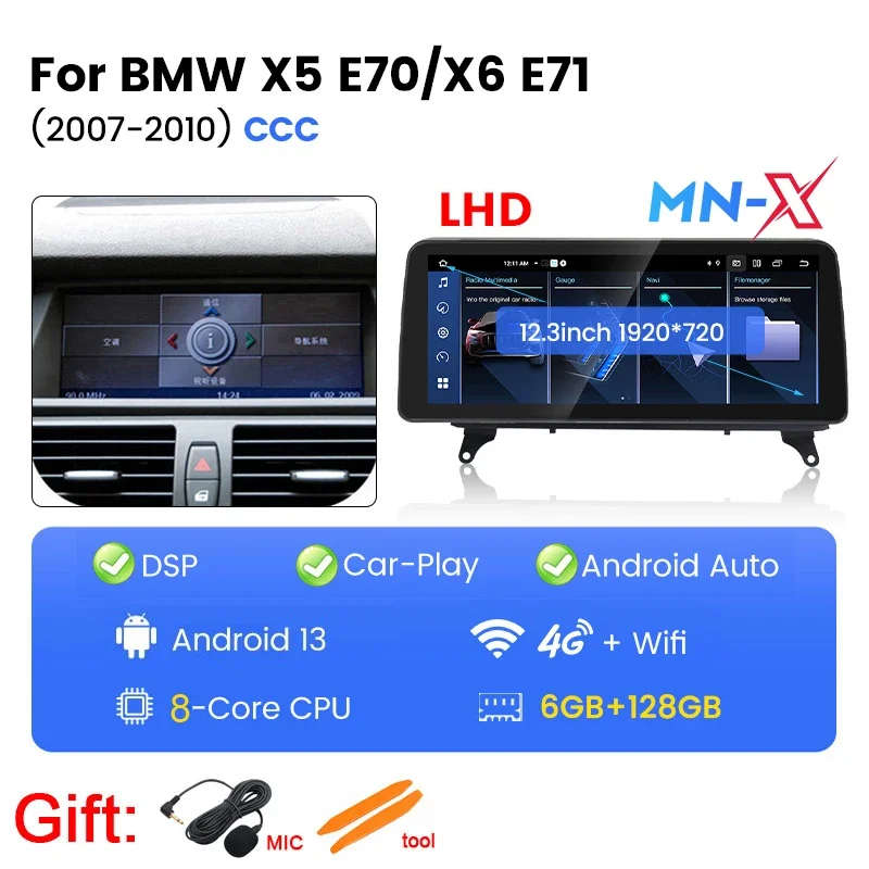 12.3Inch Wireless Carplay Car Radio Android for BMW X5 E70/X6 E71 CIC CCC System Display Screen M...