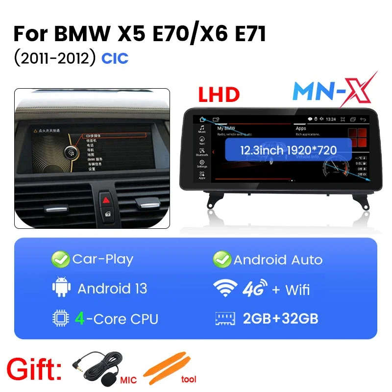 12.3Inch Wireless Carplay Car Radio Android for BMW X5 E70/X6 E71 CIC CCC System Display Screen M...