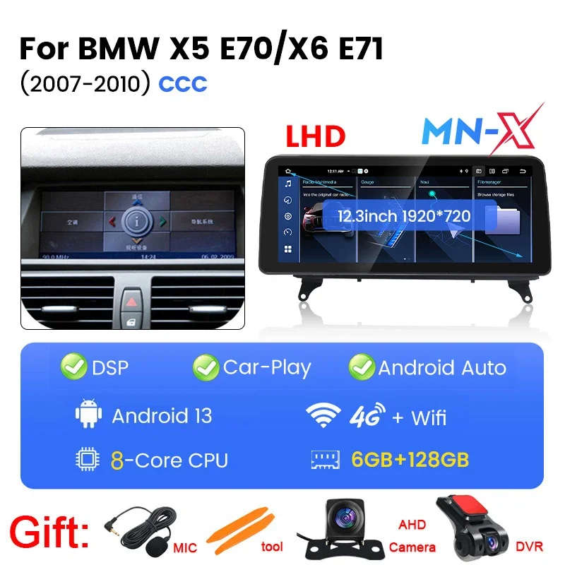 12.3Inch Wireless Carplay Car Radio Android for BMW X5 E70/X6 E71 CIC CCC System Display Screen M...