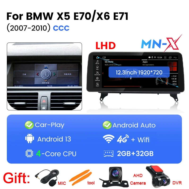 12.3Inch Wireless Carplay Car Radio Android for BMW X5 E70/X6 E71 CIC CCC System Display Screen M...