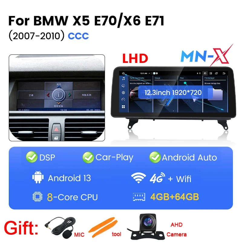12.3Inch Wireless Carplay Car Radio Android for BMW X5 E70/X6 E71 CIC CCC System Display Screen M...