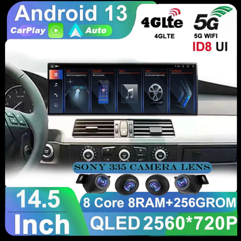 14.5" Android 13 Carplay Auto Car Multimedia QLED Display Screen For BMW E60 E61 E90  CIC CCC ID8...