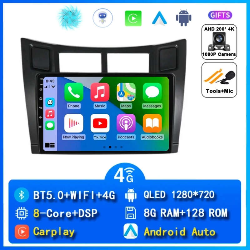 2 Din Car Radio Multimedia Player For Toyota Yaris 2005-2012 Android 14 4G GPS WIFI Navigation St...