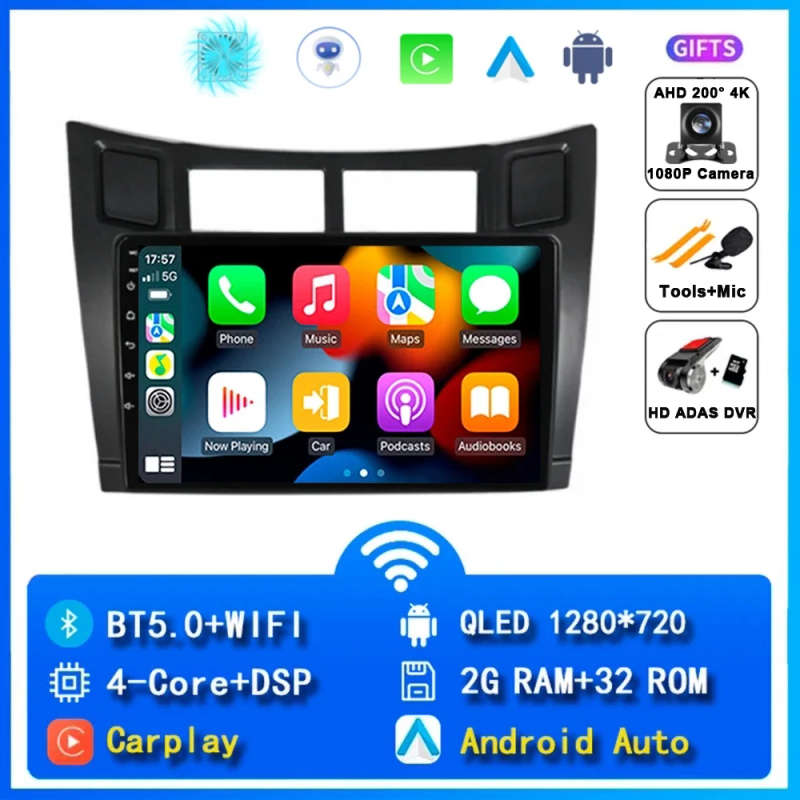 2 Din Car Radio Multimedia Player For Toyota Yaris 2005-2012 Android 14 4G GPS WIFI Navigation St...