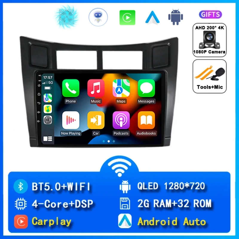 2 Din Car Radio Multimedia Player For Toyota Yaris 2005-2012 Android 14 4G GPS WIFI Navigation St...