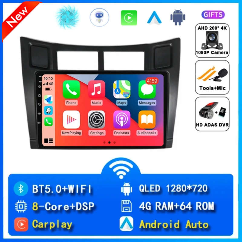 2 Din Car Radio Multimedia Player For Toyota Yaris 2005-2012 Android 14 4G GPS WIFI Navigation St...