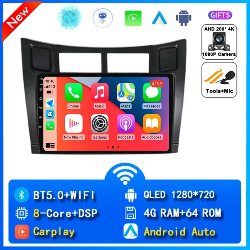 2 Din Car Radio Multimedia Player For Toyota Yaris 2005-2012 Android 14 4G GPS WIFI Navigation St...