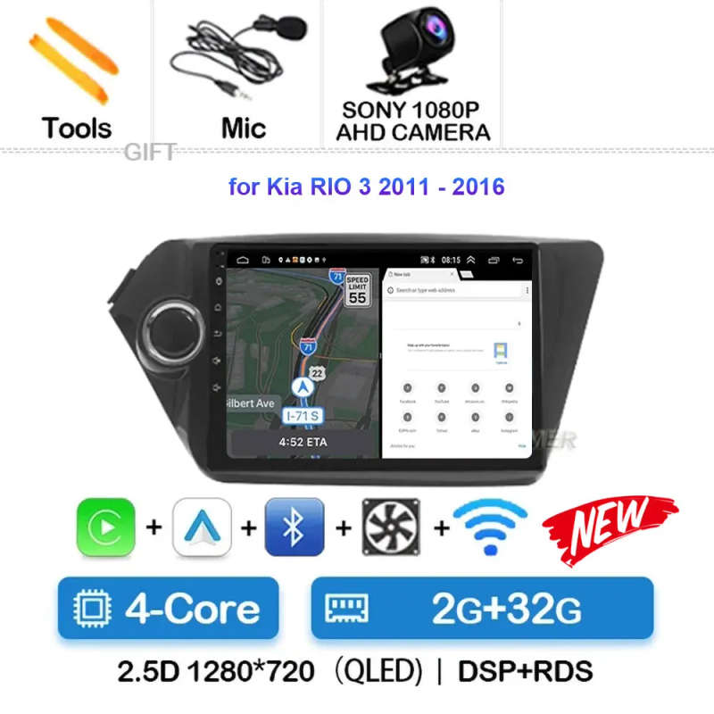 2 din Android 14 carplay Android auto Car radio multimedia player For Kia RIO3 4 Rio 2010- 2018 A...