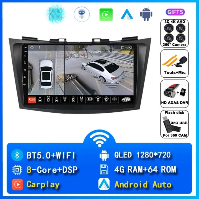 9" Android 14 Car Radio For Suzuki Swift 2003-2010 2 Din Carplay  Multimidia Video Player GPS Nav...