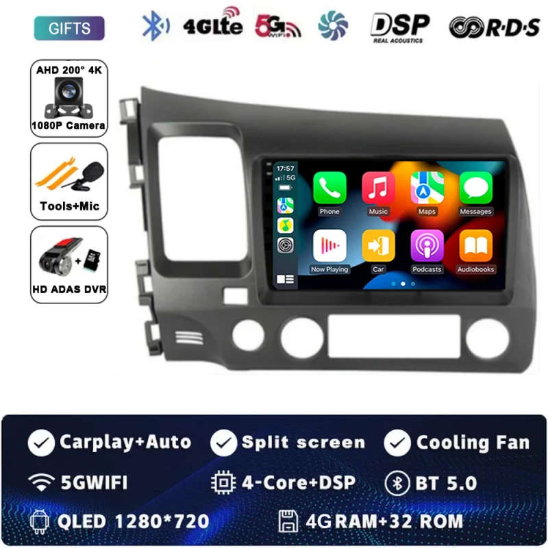 9" DSP Android 14 Car Stereo Radio For Honda Civic 8 2005 - 2012 Multimedia Video Player Navigati...