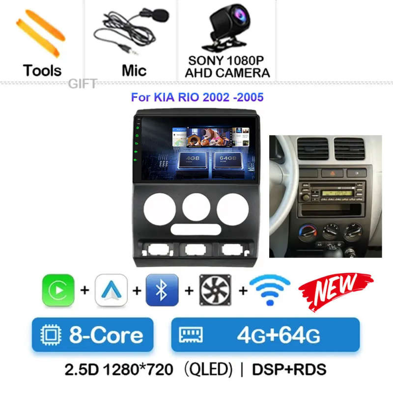 9 Inch Android 14 For kia RIO  2012 -2005 Video Player Android Auto Carplay GPS Cam Navigation Mu...