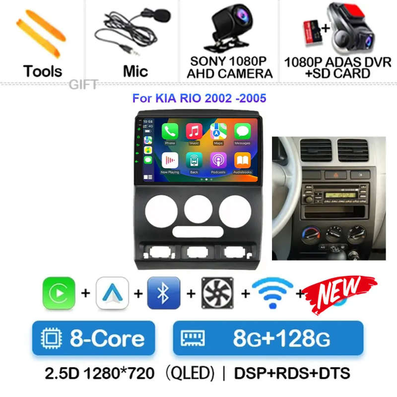 9 Inch Android 14 For kia RIO  2012 -2005 Video Player Android Auto Carplay GPS Cam Navigation Mu...