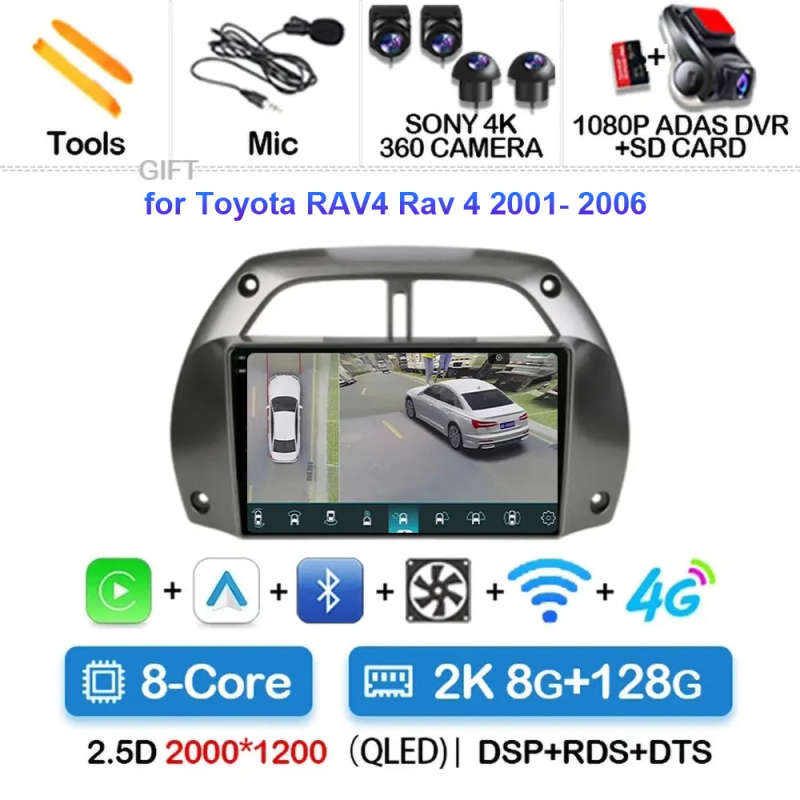 Android 14.0 2Din Car Radio Multimedia Video Player Navigation GPS For Toyota RAV4 Rav 4 2001-200...