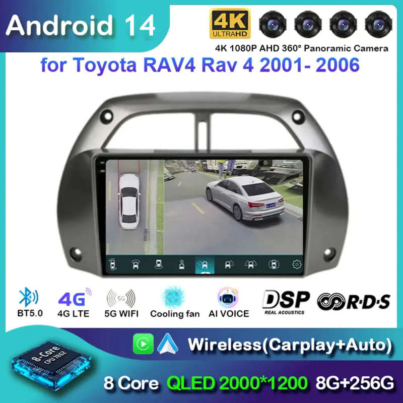 Android 14.0 2Din Car Radio Multimedia Video Player Navigation GPS For Toyota RAV4 Rav 4 2001-200...