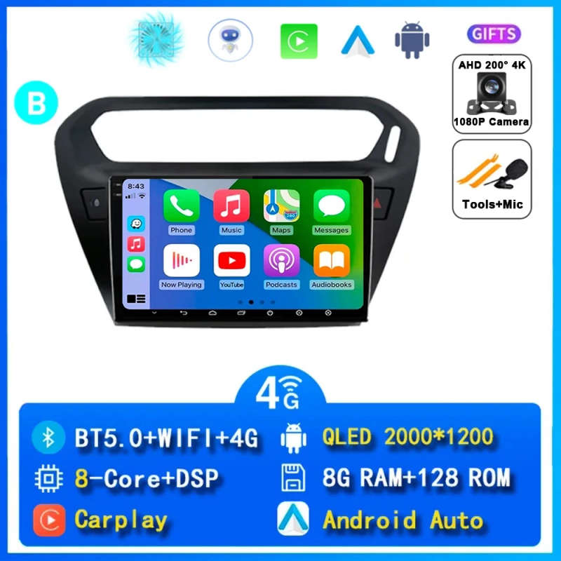 Android 14 Car Radio Carplay For Peugeot 301 2013 - 2016 Navigation GPS Multimedia Player WiFi+4G...