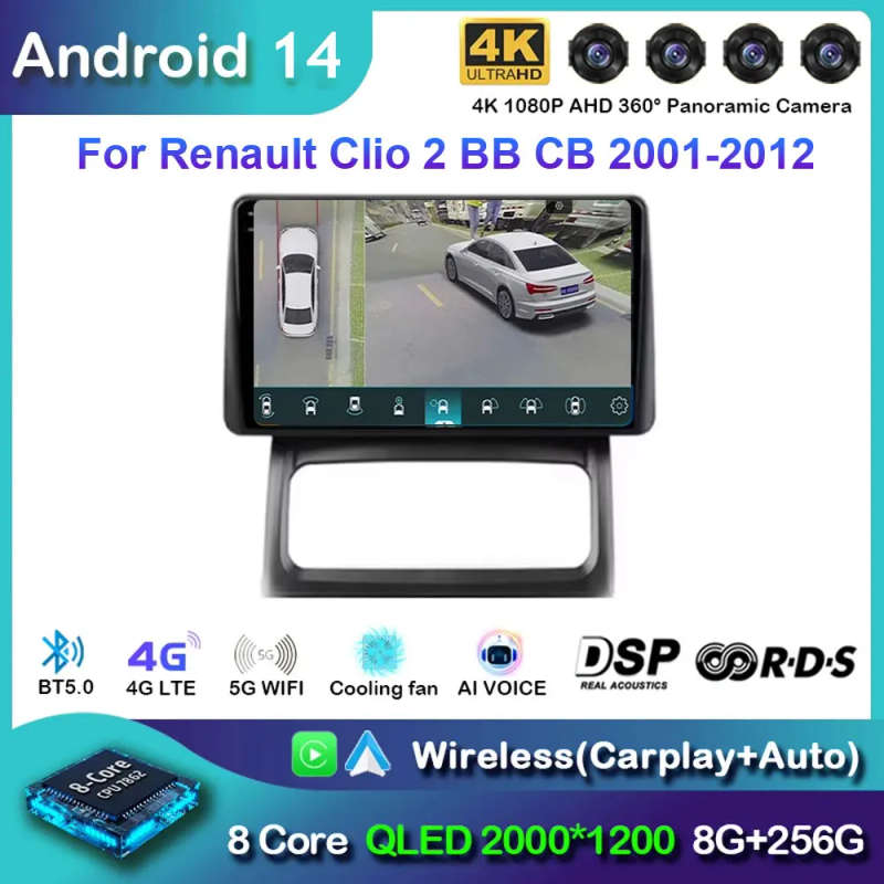Android 14 Car Radio Carplay For Renault Clio 2 BB CB 2001 - 2012 Navigation GPS Android Auto Scr...