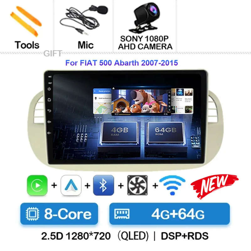 Android 14 Car Radio For Fiat 500 Navigation GPS Multimedia Player stereo 5GWiF+4G SIM BT wireles...