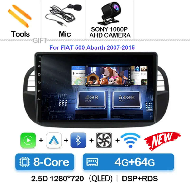 Android 14 Car Radio For Fiat 500 Navigation GPS Multimedia Player stereo 5GWiF+4G SIM BT wireles...