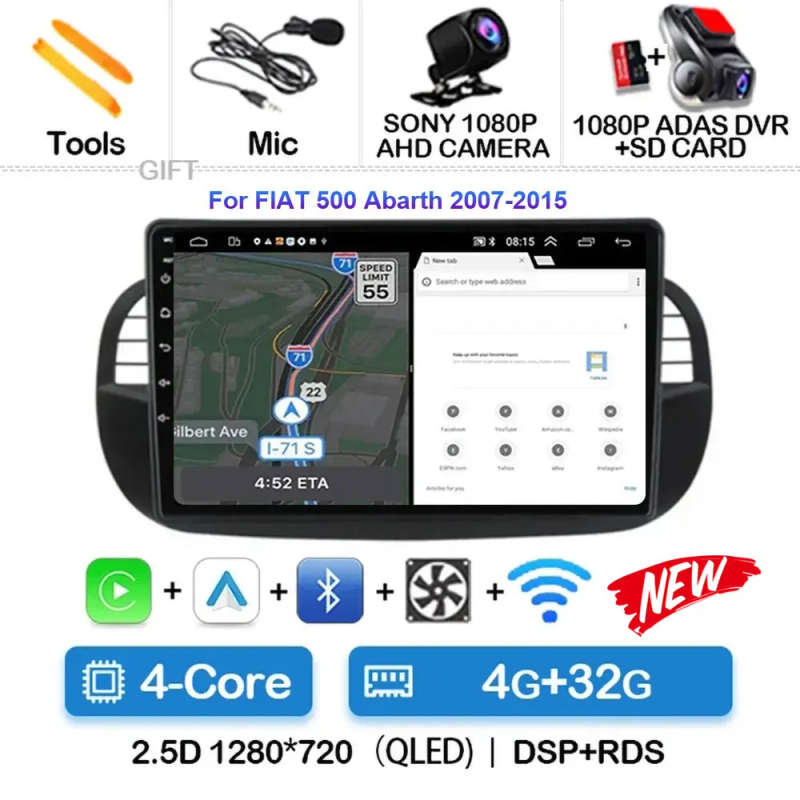 Android 14 Car Radio For Fiat 500 Navigation GPS Multimedia Player stereo 5GWiF+4G SIM BT wireles...