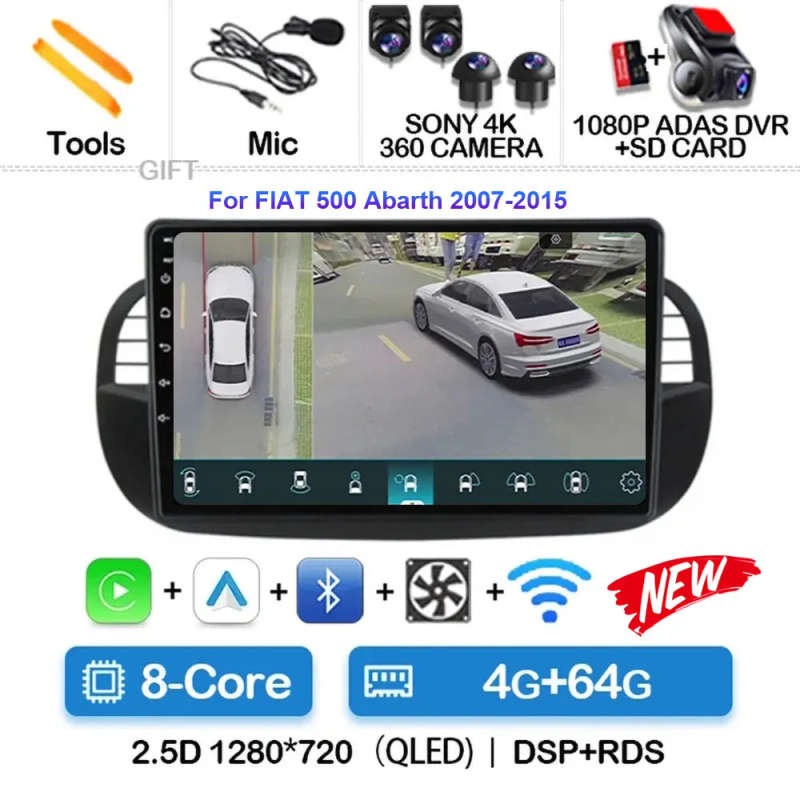 Android 14 Car Radio For Fiat 500 Navigation GPS Multimedia Player stereo 5GWiF+4G SIM BT wireles...