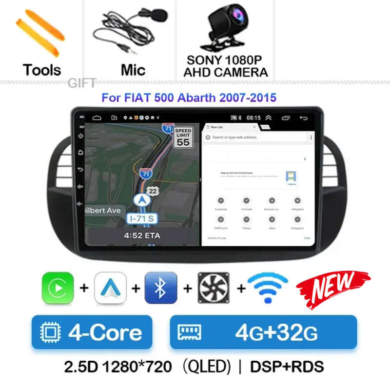 Android 14 Car Radio For Fiat 500 Navigation GPS Multimedia Player stereo 5GWiF+4G SIM BT wireles...